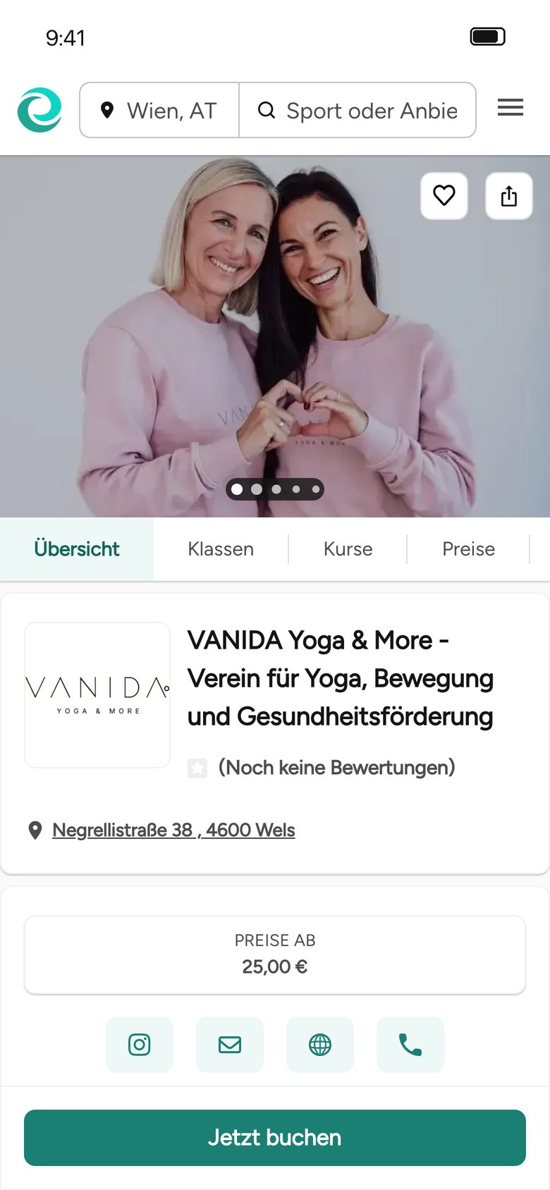VANIDA Yoga & More bei Eversports am Handy: Studioprofil mit Klassen, Kursen, Preisen und dem Button Jetzt buchen
